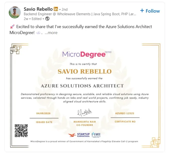 Savio Rebello — Azure Solutions Architect certificate