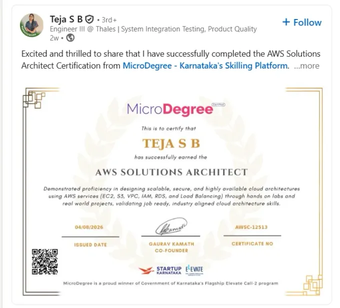 Teja S B — AWS Solutions Architect certificate