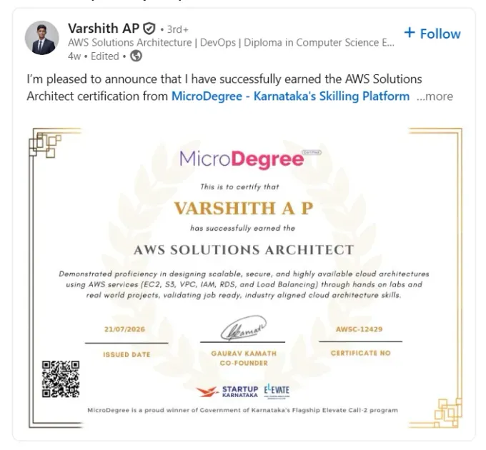Varshith A P — AWS Solutions Architect certificate